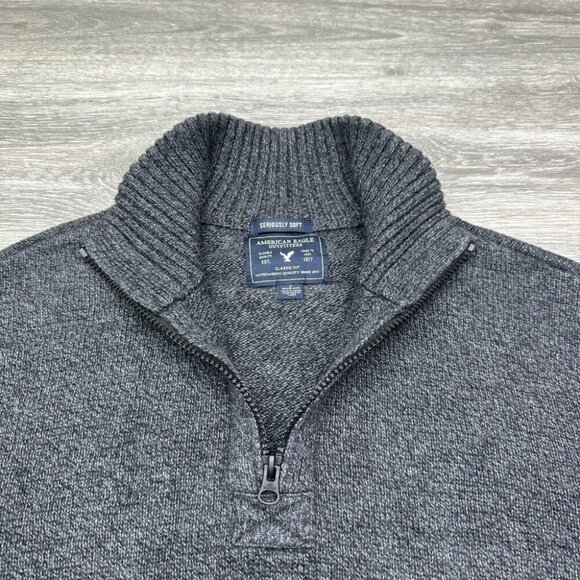 American Eagle Seriously Soft Quarter Zip Sweater Mens Large Tall LT Gray Ribbed - Picture 3 of 14